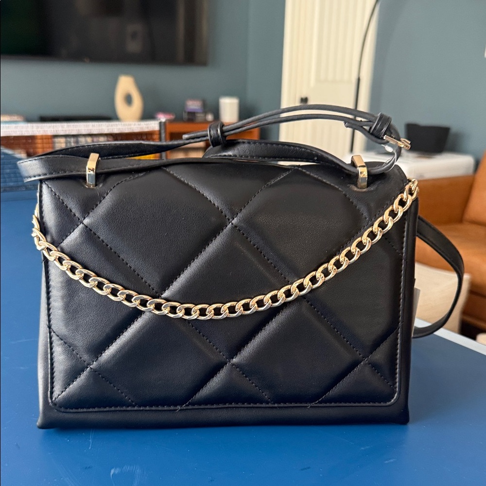 a new day Black Quilted Crossbody Bag with Gold Chain